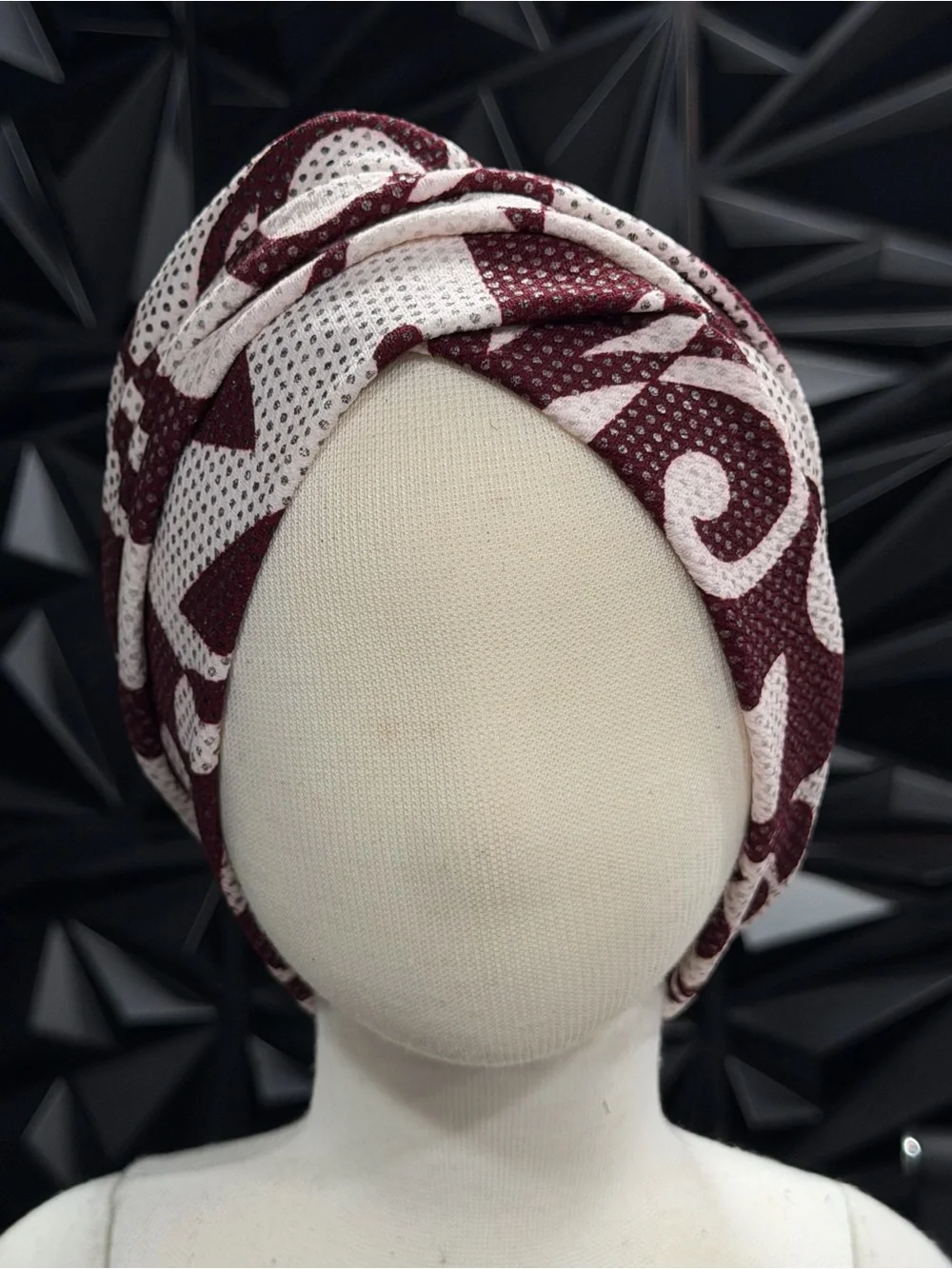 Women’s Maroon and Cream Patterned Head Wrap